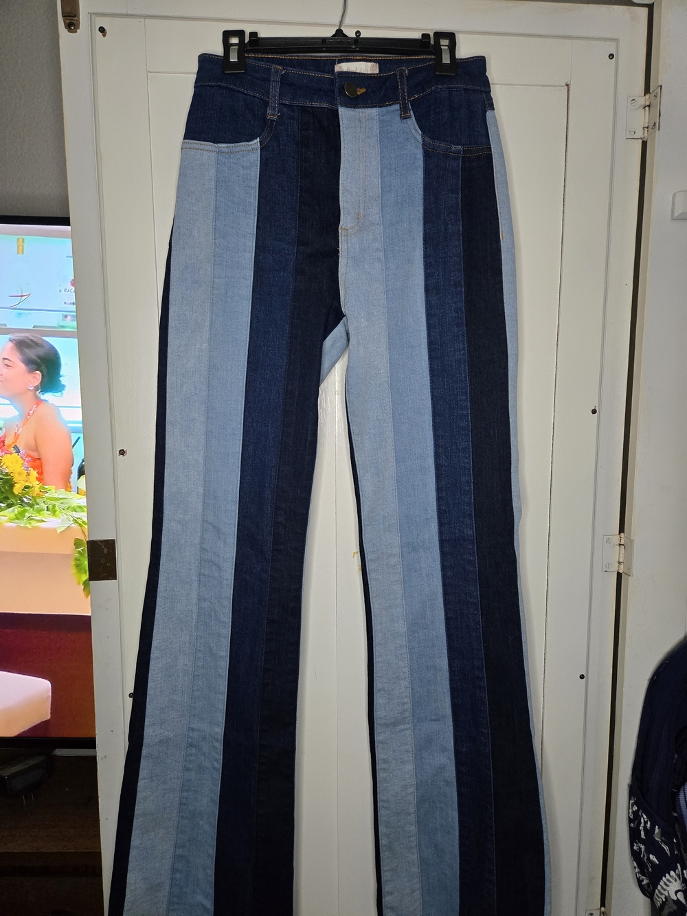 Altar’d State Vertical Stripe Colorblock Flare Jeans High Rise Patchwork